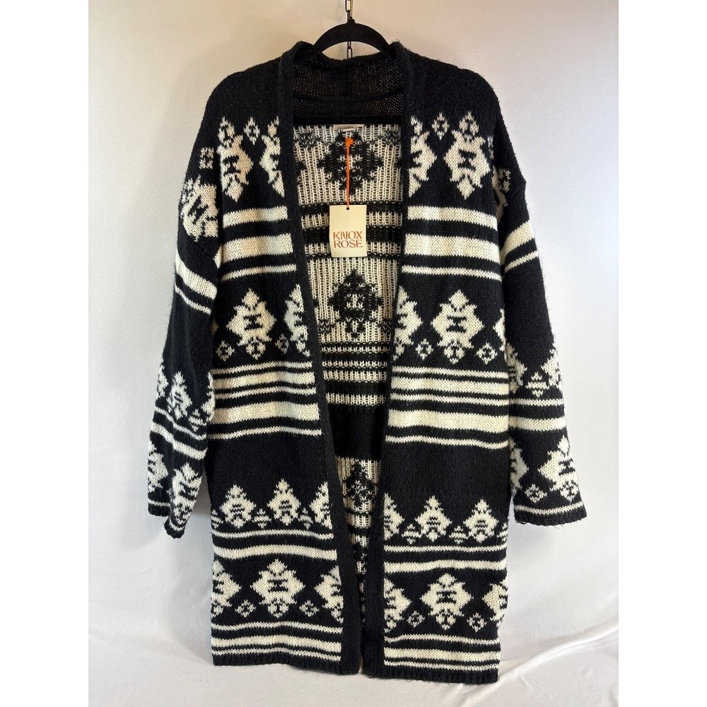 Knox Rose Fair Isle Cardigan Black White Size S Cozy Boho Open Front Sweater